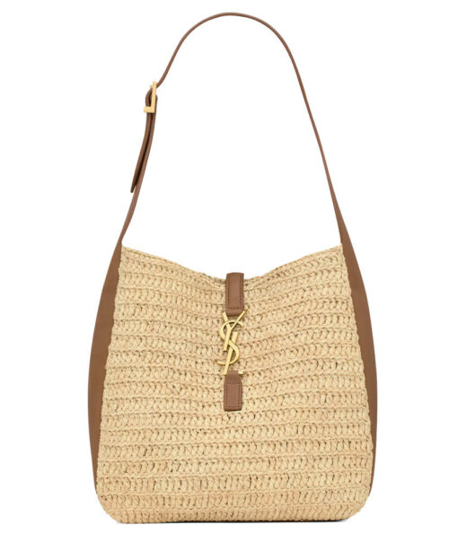 Saint Laurent Le 5 A 7 Supple Small In Raffia And Leather Coffee